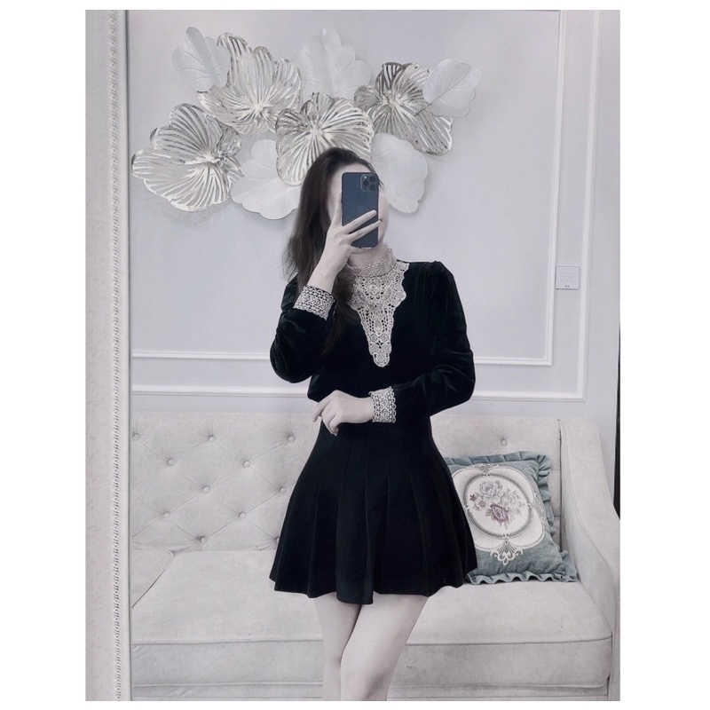 ÁO NHUNG ĐEN TAY BỒNG PHỐI REN CỔ CHO NỮ