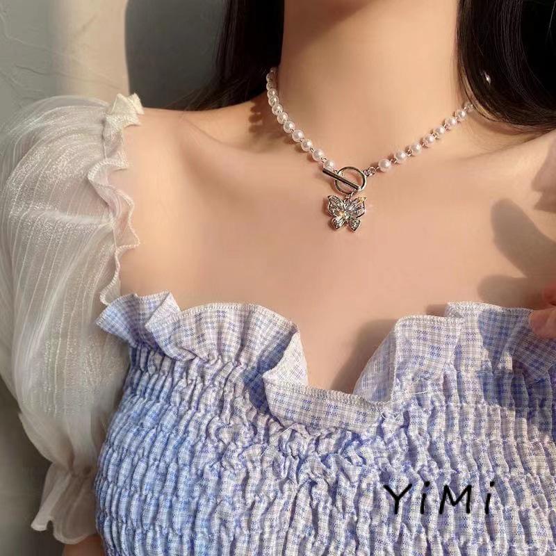 Vòng cổ mặt hình bướm phối ngọc trai nhân tạo thời trang Hàn Quốc