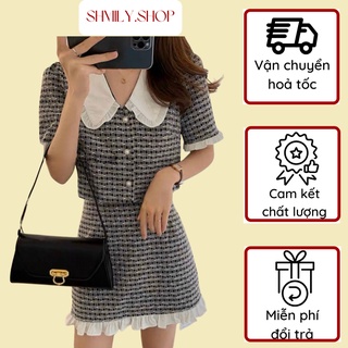 Set crop dạ bố phối cổ sen kèm chân váy