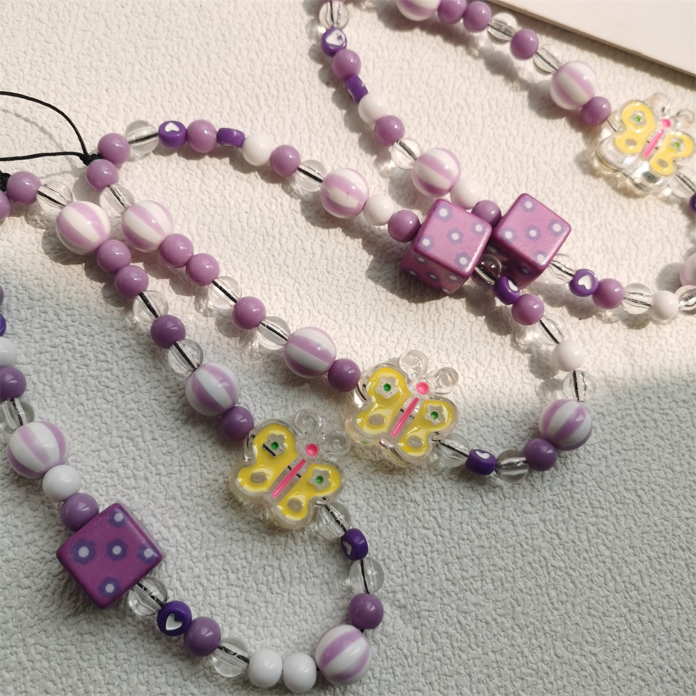 Dây Đeo Điện Thoại Acrylic Hình Bướm Màu Tím / Vàng Đính Hạt Ngọc Trai Chống Thất Lạc