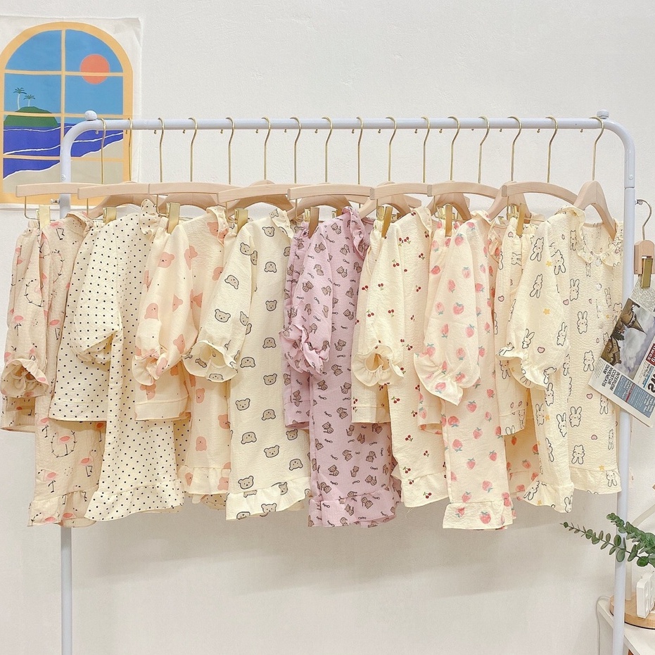 Pijama xốp đũi Hàn cổ nơ dáng cộc hoạ tiết xinh xắn. Bộ ngủ nữ hoạt hình dễ thương TA211276