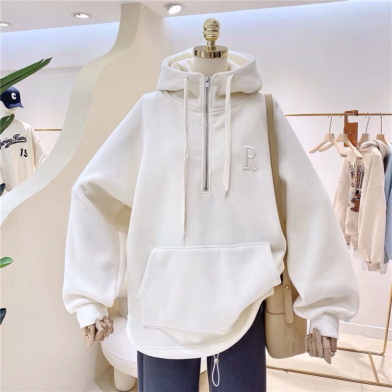 Áo Hoodie Cổ Khóa Zip Thêu Chữ R PEONYB Unisex [FREESHIP] Polo nỉ ngoại form rộng tay bồng kiểu dáng oversize hàn quốc đ