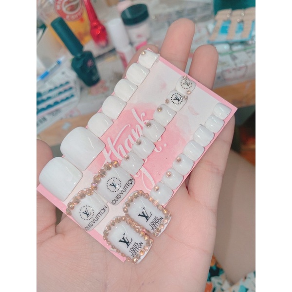 A114 bộ 24 móng chân giả màu trắng dán thương hiệu nail kèm keo dũa