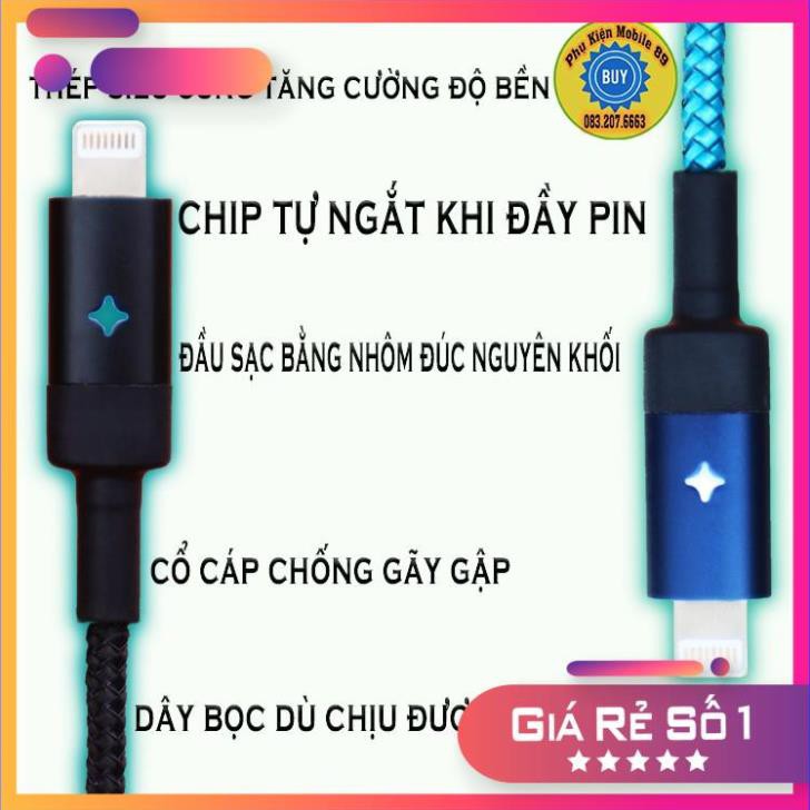 (Sale) Dây Cáp Sạc iphone Tự Ngắt Khi Đầy Pin - Có Đèn Led - Chính hãng E-Com - Bọc dù chống đứt