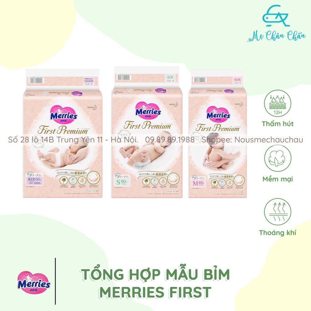MCC Bỉm Dán Merries First Premium size Newborn NB66, S60, M48 - 1 bịch - Hàng Chuẩn Nội Địa Nhật