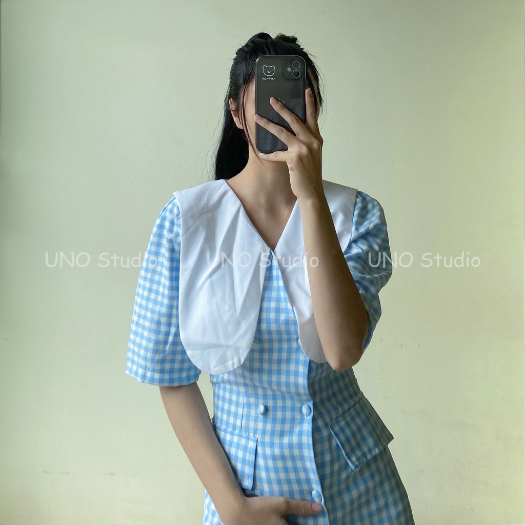 Váy caro xanh cổ bèo