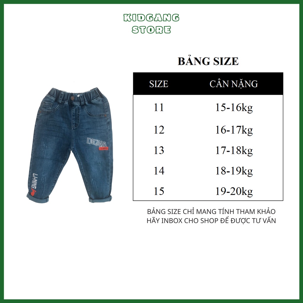 Quần jean bé trai dáng hàn quốc mạnh mẽ hình in độc lạ, Quần dài bé trai từ 15-20kg