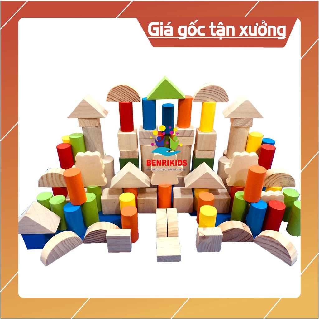 Đồ Chơi Xếp Hình Benrikids 100 Chi Tiết Bằng Gỗ Thông Có Hộp Đựng Tiện Lợi Giúp Bé Phân Biệt Màu Sắc Hình Khối