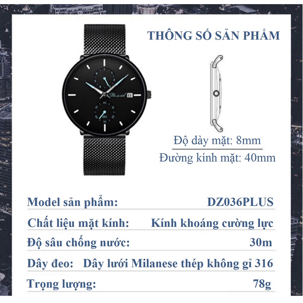 Đồng hồ nam DIZIZID dây thép lụa đen chạy full 5 kim - Thiết kế lịch lãm nam tính DZ5KC9