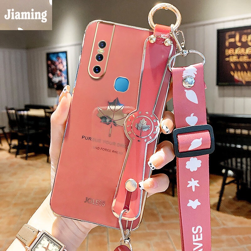 Ốp Điện Thoại Họa Tiết Lá Phong Viền Thẳng Mạ Điện Kèm Dây Đeo Và Vòng Tay Cho Vivo V15