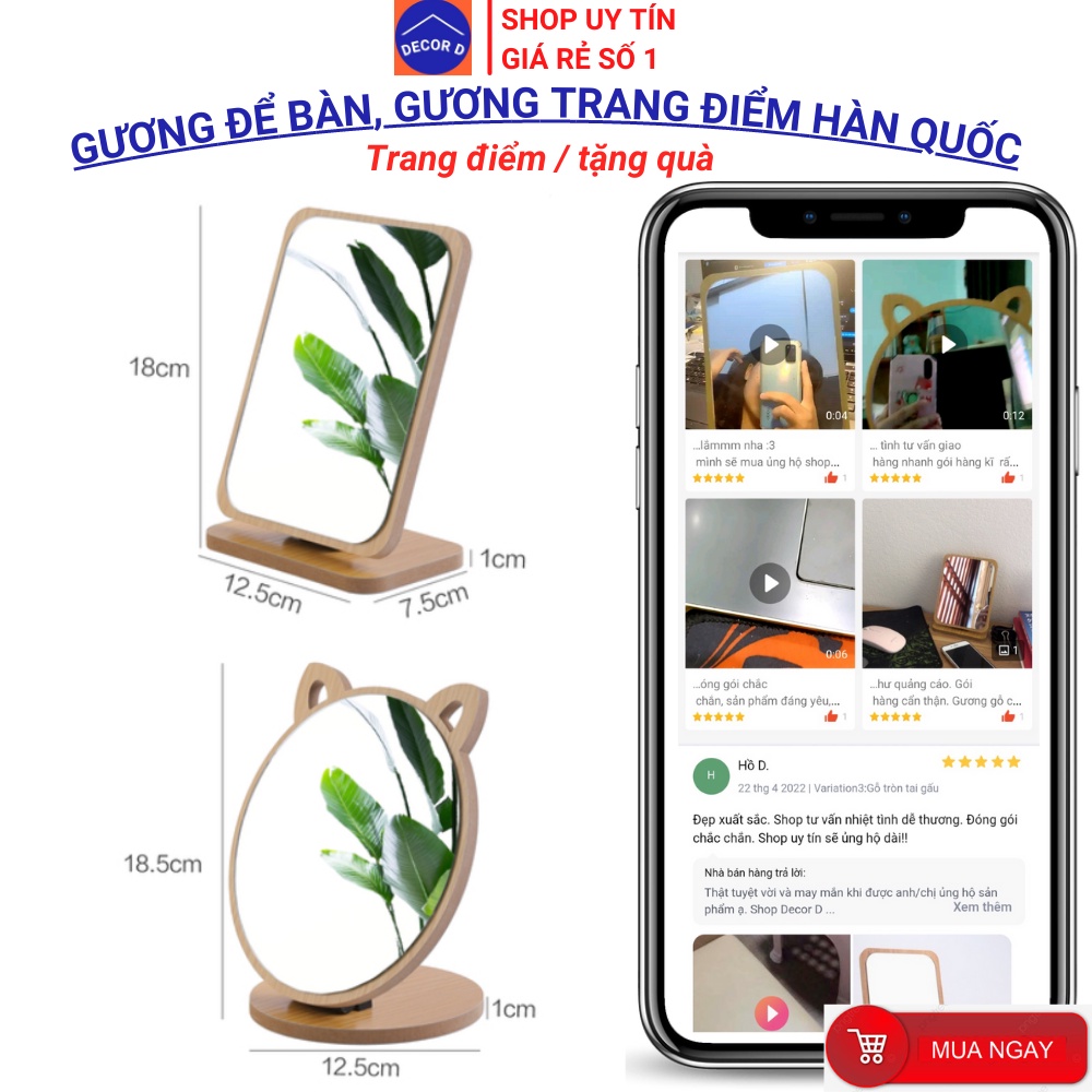 Gương gỗ Hàn Quốc, Gương để bàn trang điểm xoay gập linh động đa năng, cao cấp, sang trọng, tiện lợi