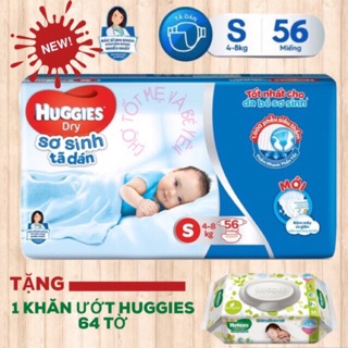 Tã dán sơ sinh huggies nb58+2m/ s56m tặng khăn ướt huggies 64 tờ