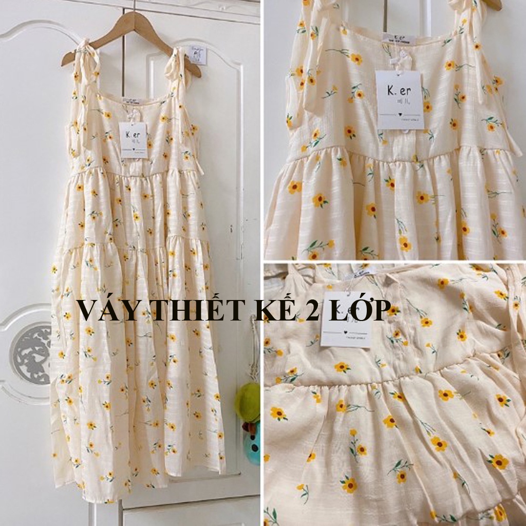 Váy babydoll dáng dài bánh bèo 2 lớp V8388 Đầm 2 dây cách điệu dây buộc nơ siêu xinh họa tiết hoa đi chơi, đi biển