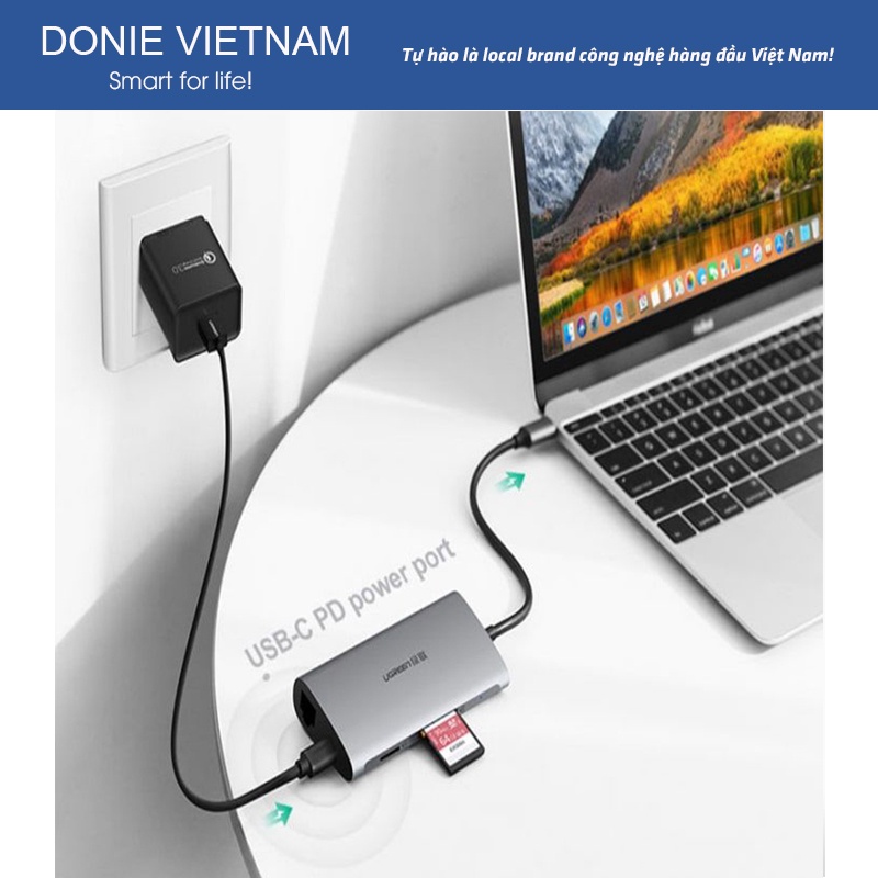 Cáp Chuyển Ugreen 8 In 1 USB-C HUB Ra HDMI, 3xUSB 3.0, TF, RJ45 + SD Chính Hãng 50538