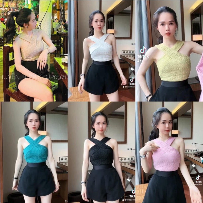 Áo kiểu dây yếm chéo cổ chất xốp mềm, Áo thun kiểu dáng ôm sexxy AK8622 - NhiNhi Shop