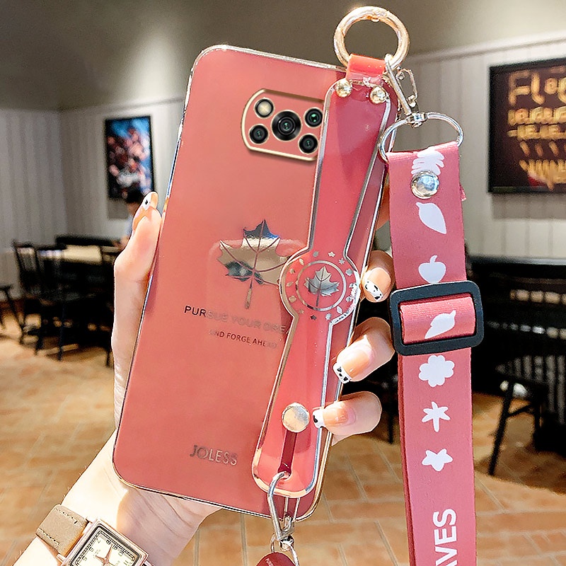 Ốp điện thoại TPU mềm in hình lá phong có dây đeo tay cho Xiaomi Poco X3 Pro NFC