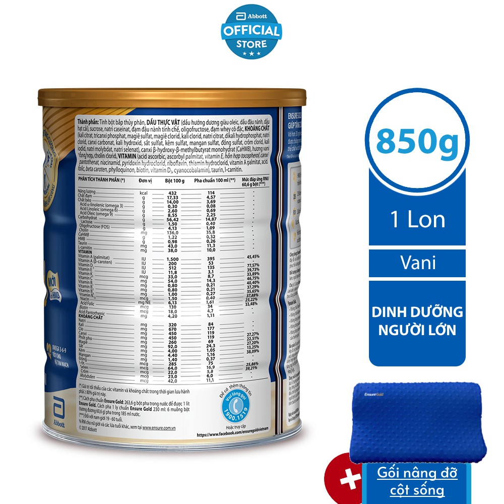 [Tặng Gối nâng đỡ cột sống] Sữa bột Abbott Ensure 850g Vani