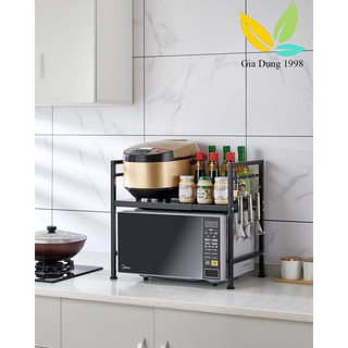 Kệ Để Lò Vi Sóng⚡️FREESHIP⚡️Kệ Lò Vi Sóng 2 Tầng Kích Thước Co Giãn Có Móc Treo Dụng Cụ Bếp!!!!