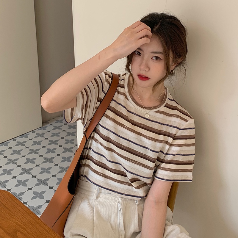 Áo thun SUXI tay ngắn cổ tròn họa tiết kẻ sọc thời trang mùa hè dành cho nữ