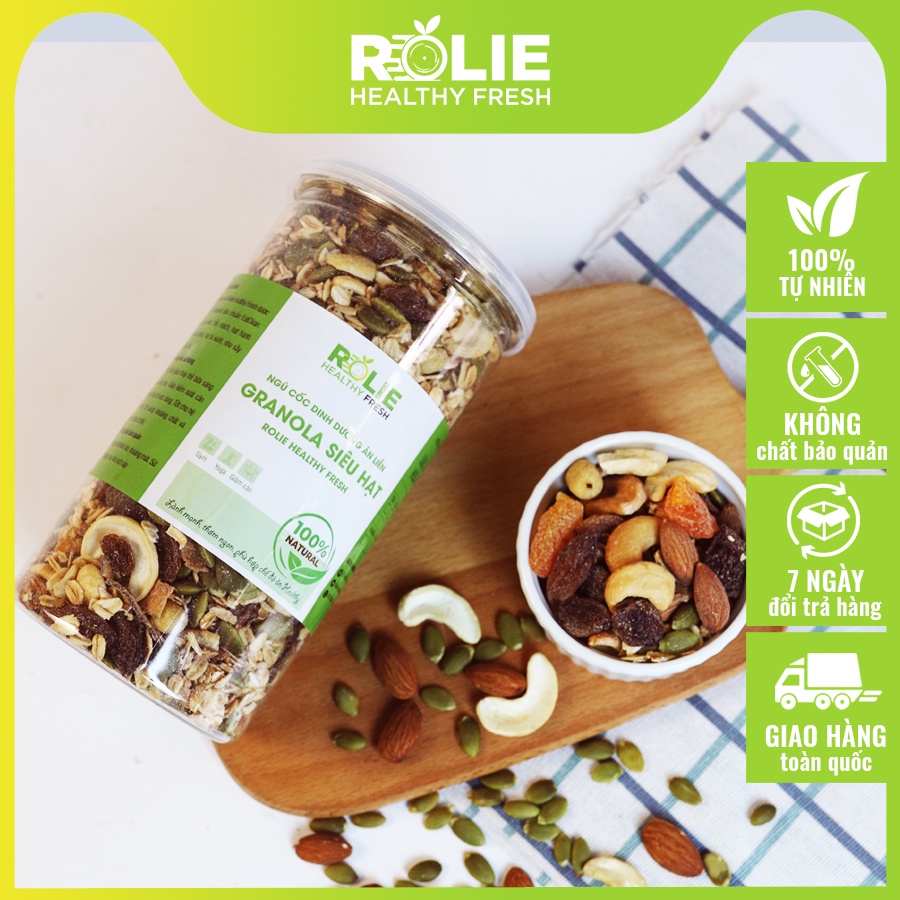 GRANOLA SIÊU HẠT THƠM NGON - 500GR (HẠNH NHÂN, HẠT ĐIỀU, SEN KHÔ,HẠT BÍ, MƠ SẤY DẺO, NHO KHÔ, DỪA KHÔ, YẾN MẠCH,...)