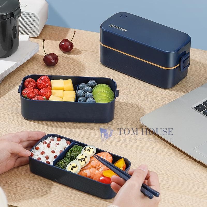 Bộ 3 Sản Phẩm Hộp Cơm Trưa 2 Tầng Cốc Đựng Canh Và Bộ Đũa Muỗng Dung Tích 1.5L Phong Cách Bắc Âu Siêu Đẹp