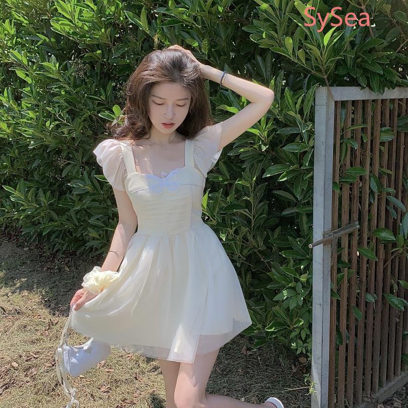 Đầm chữ A cổ vuông phối lưới thời trang mùa hè cho nữ