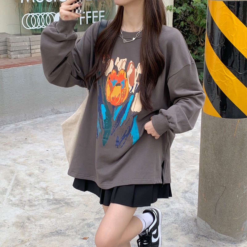 Áo sweater tay dài dáng rộng in họa tiết cá tính phong cách Hàn Quốc thời trang dành cho nữ