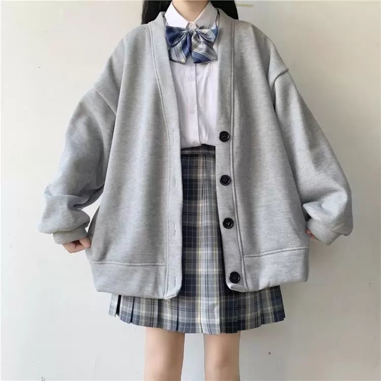 Áo khoác cardigan dáng rộng phối nút phong cách preppy xinh xắn