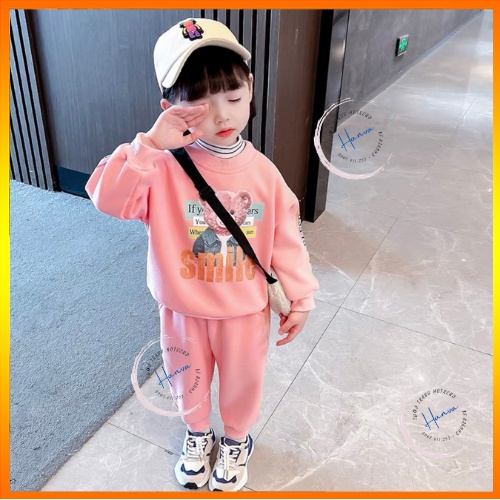 Bộ Nỉ Bông Dài Tay Dày Dặn Dành Cho Bé Gái Siêu Ấm Dễ Thương