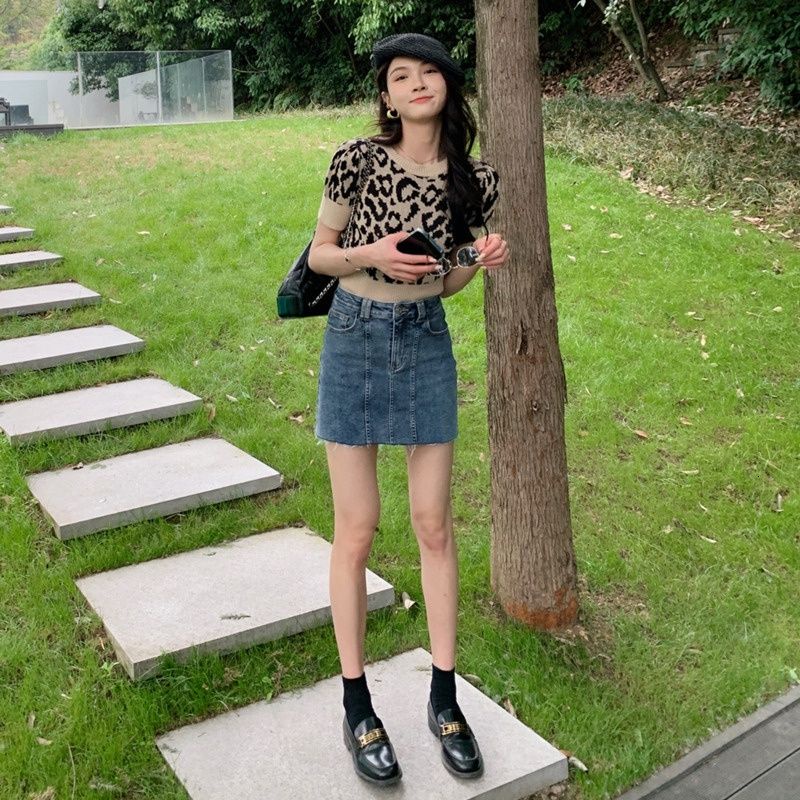 Áo dệt kim tay ngắn cổ tròn in da báo thời trang phong cách retro