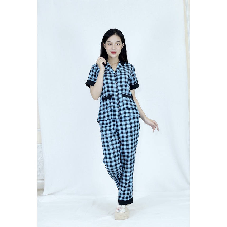 [HÌNH THẬT 100%] Bộ đồ Pijama nữ sọc CA RÔ XANH PHA CỔ ĐEN - vải siêu lụa cao cấp - Cực Kì Sang Chảnh