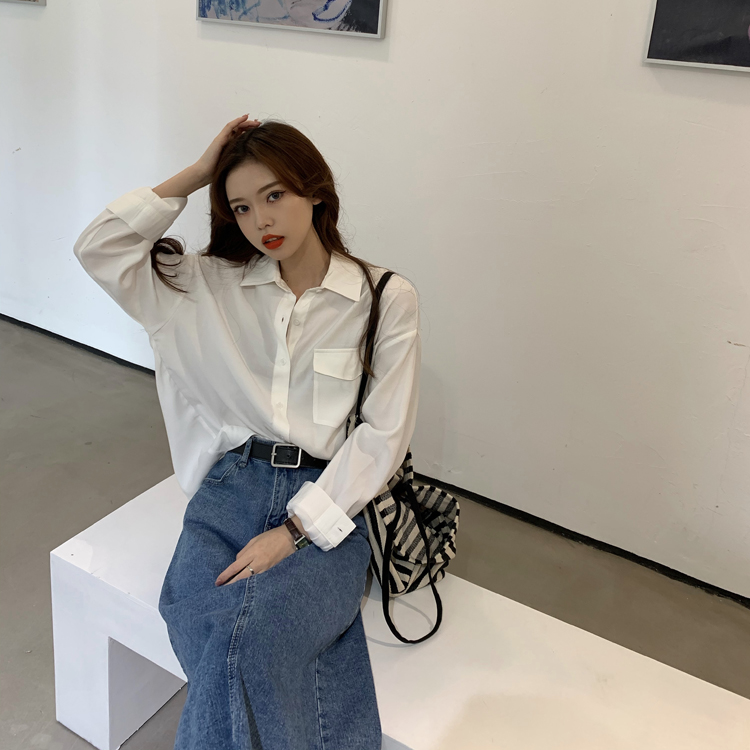 Áo Sơ Mi Tay Dài Dáng Rộng Màu Sắc Đơn Giản Phong Cách Retro Hàn Quốc