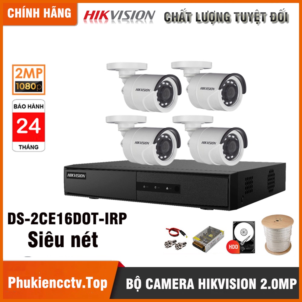 Trọn Bộ Camera Hikvision 2MP FHD 1080P - Hàng chính hãng [Bộ 1-4 2MPX] - Đầy đủ phụ kiện + Ổ Cứng 500GB