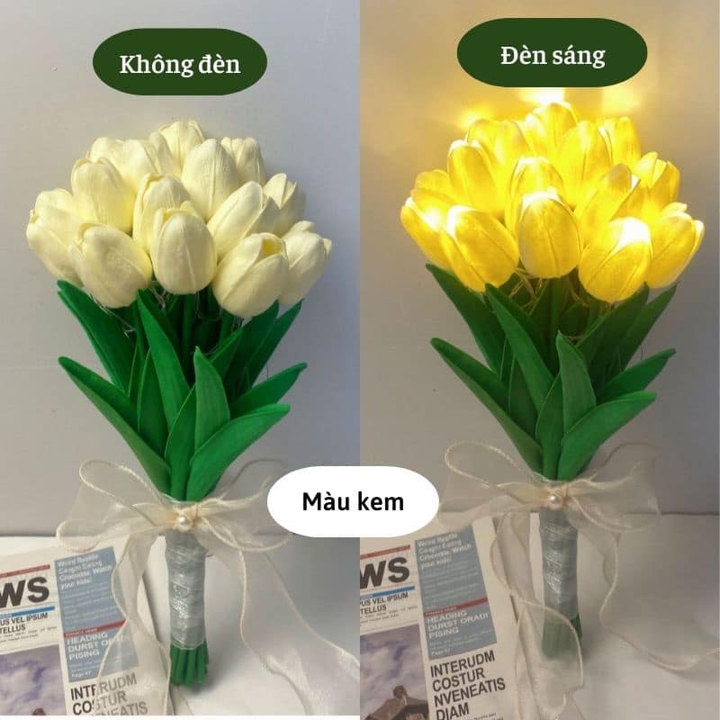 Bó 10 cành hoa tulip đèn led phát sáng hoa lụa giả kèm nơ xinh Decor trang trí nhà cửa