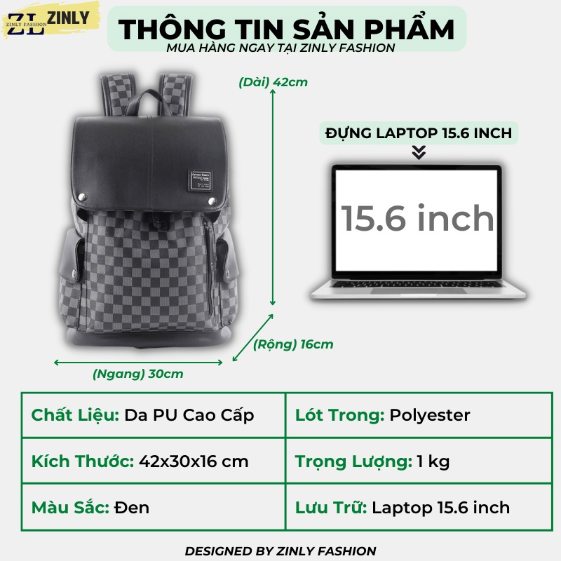 Balo da nam, balo da nữ chất liệu da PU cao cấp chống nước, balo đựng lap top 15.6inch - ZINLY