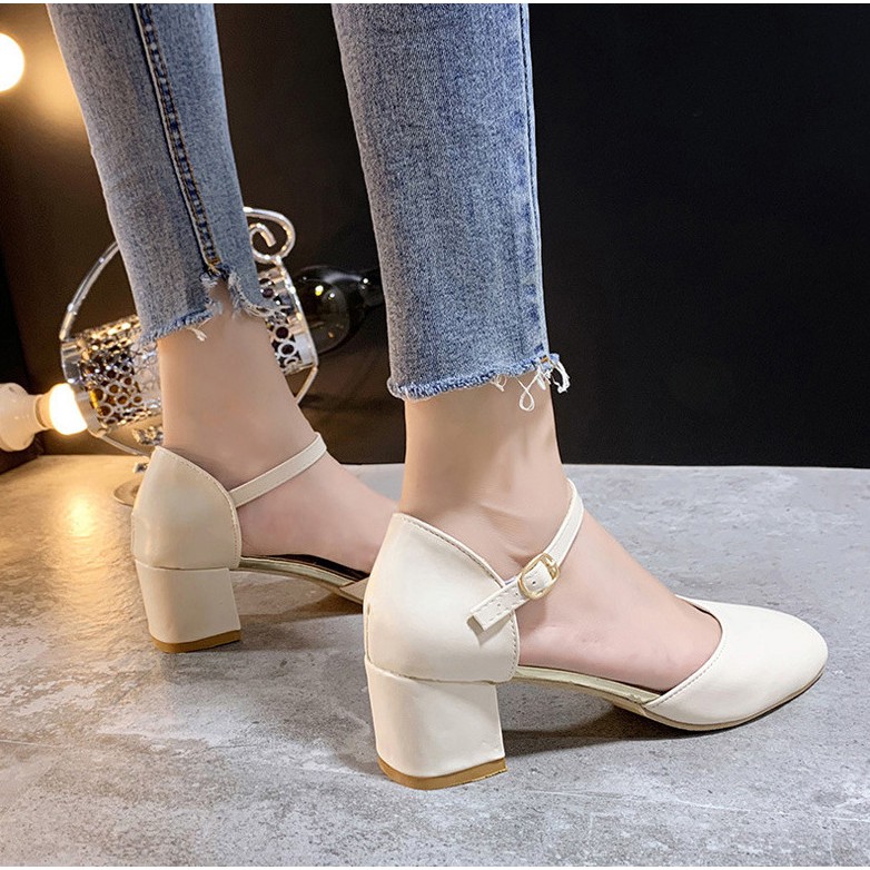 Giày búp bê mũi tròn đế vuông 4,5cm quai NGANG mảnh kín gót dễ thương mùa hè 2021 cục êm chân GBB-03