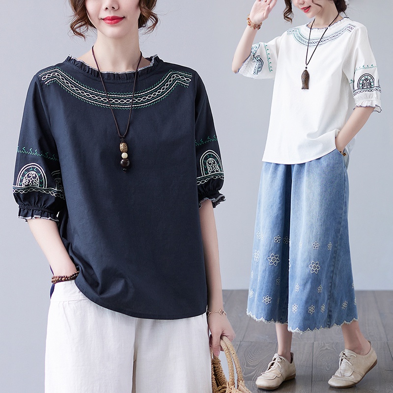 ☻ L O T U S ☻ Áo Kiểu Tay Phồng Thêu Họa Tiết Plus Size CAL1440 - Bộ Sưu Tập Mới