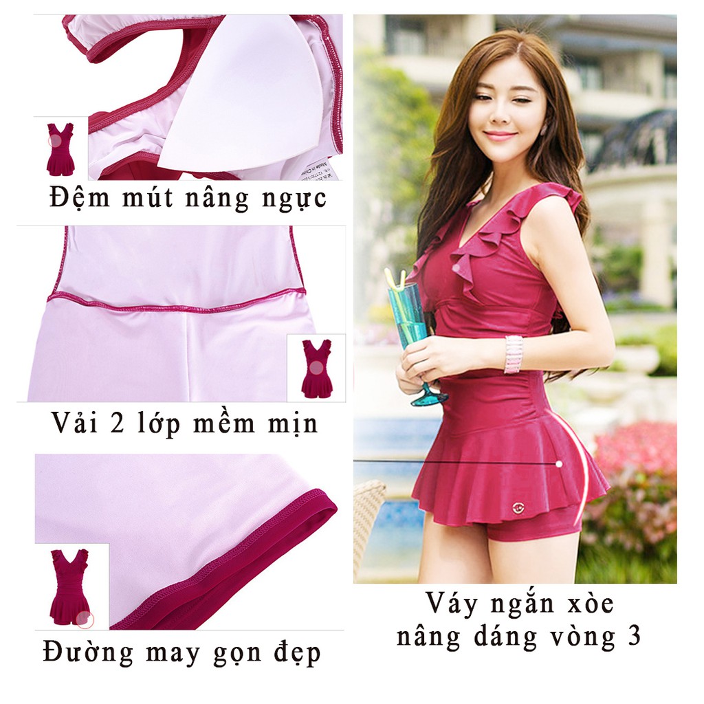 Áo bơi liền áo tắm liền nữ cổ chữ V thân nhún che bụng kín đáo gợi cảm Xmoon 1585 | BigBuy360 - bigbuy360.vn