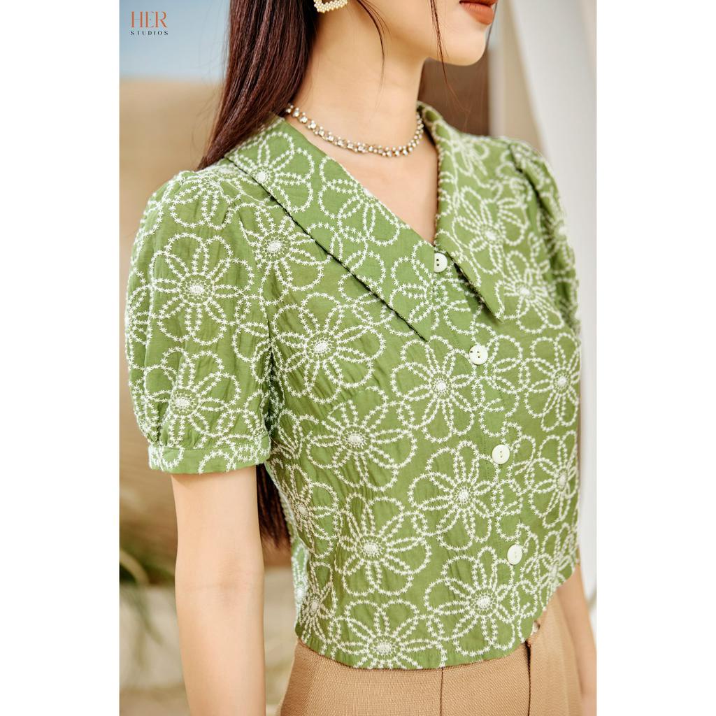 Áo croptop hoa nữ Her25 thiết kế dáng cổ bẻ màu xanh cốm