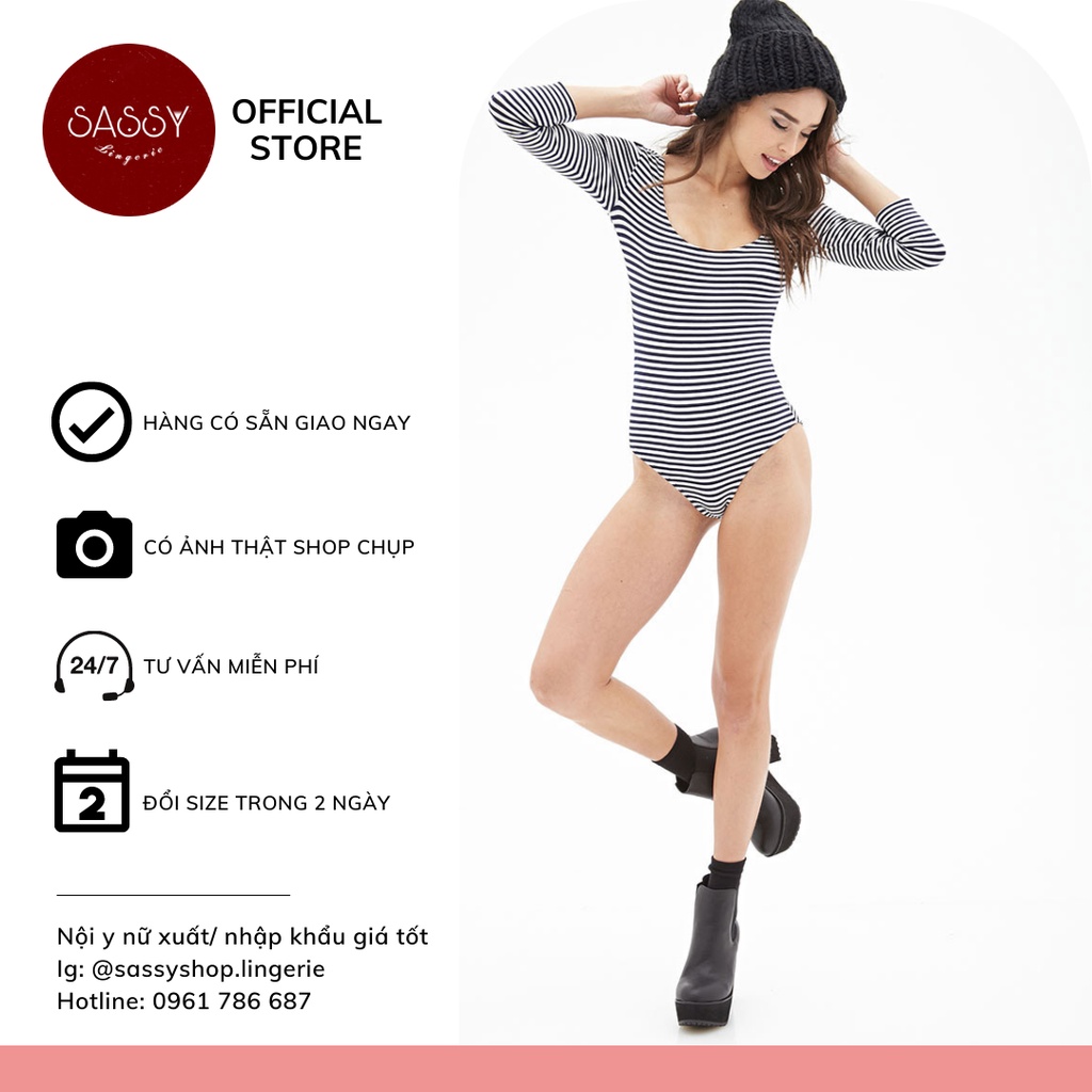 Bộ bodysuit nữ áo liền thân thun cotton sọc ngang trắng đen cơ bản cá tính tay dài co giãn thoải mái cho nữ