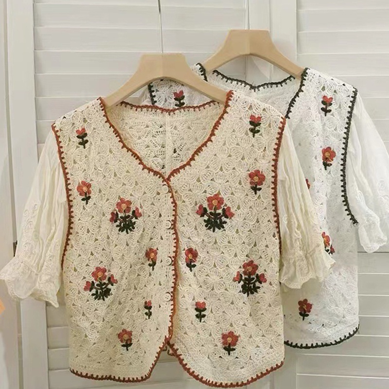 Áo Croptop Dệt Kim Tay Ngắn Phồng Thêu Họa Tiết Hoa Phong Cách Cổ Điển Thời Trang Cho Nữ