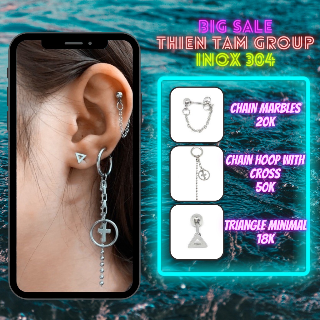 Khuyên tai xích vòng khuyên BTS lồng chữ thập khuyên tam giác rỗng inox 304 không rỉ X9 - Tâm Tattoo