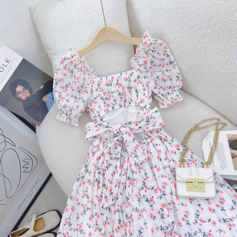 Đầm Midi Hoa Cut Out Lưng Váy Hoa Dáng Dài Nhíu Ngực Nơ Lưng Tay Bo Chun Nền Hoa Nhí Ngọt Ngào Cực Xinh Chất Mát Mịn