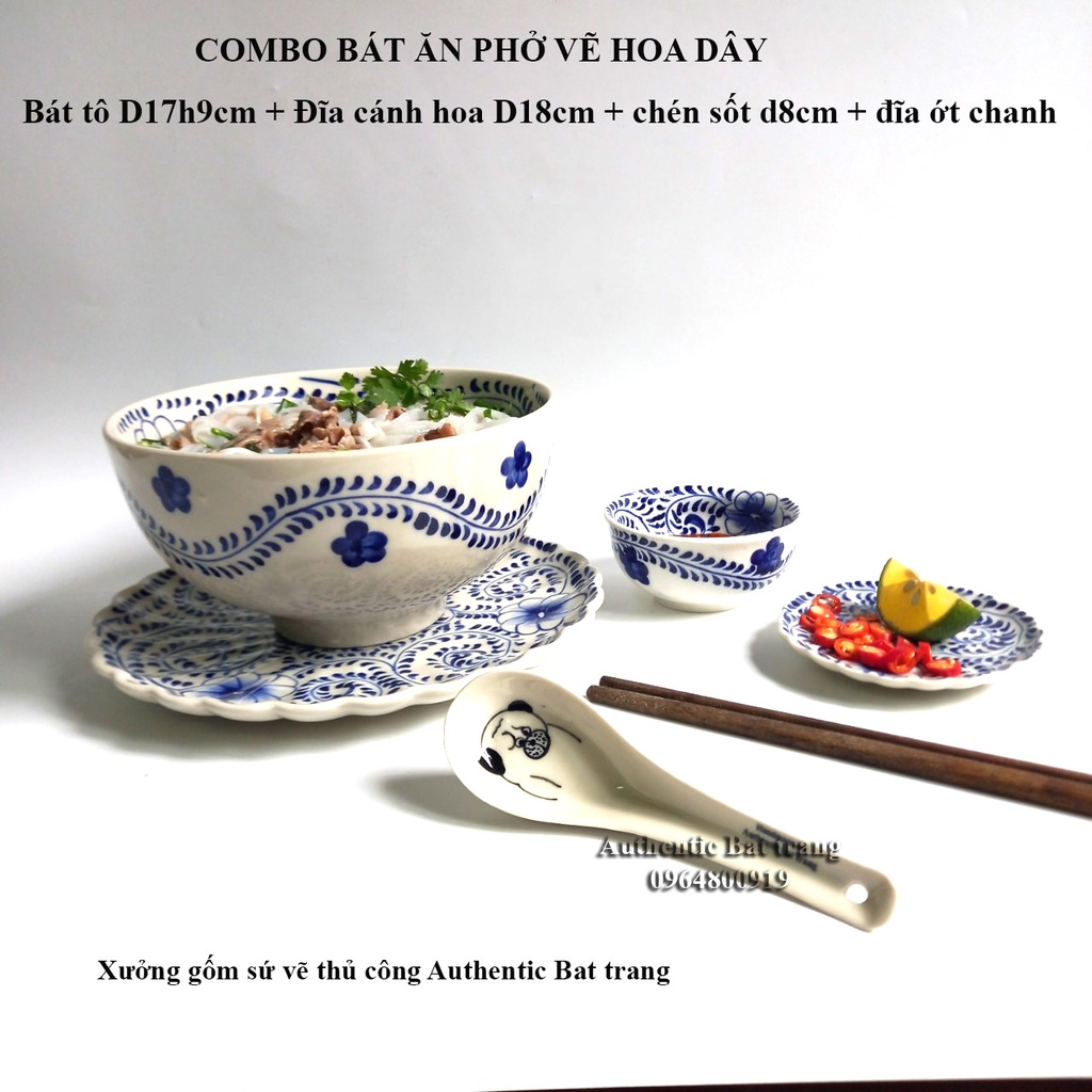 (COMBO) Bát tô sứ ăn phở vẽ tay thủ công - Tô 17H9cm + Dĩa D18cm + chén Sốt D8 + đĩa chanh ớt d9cm Authentic bat trang