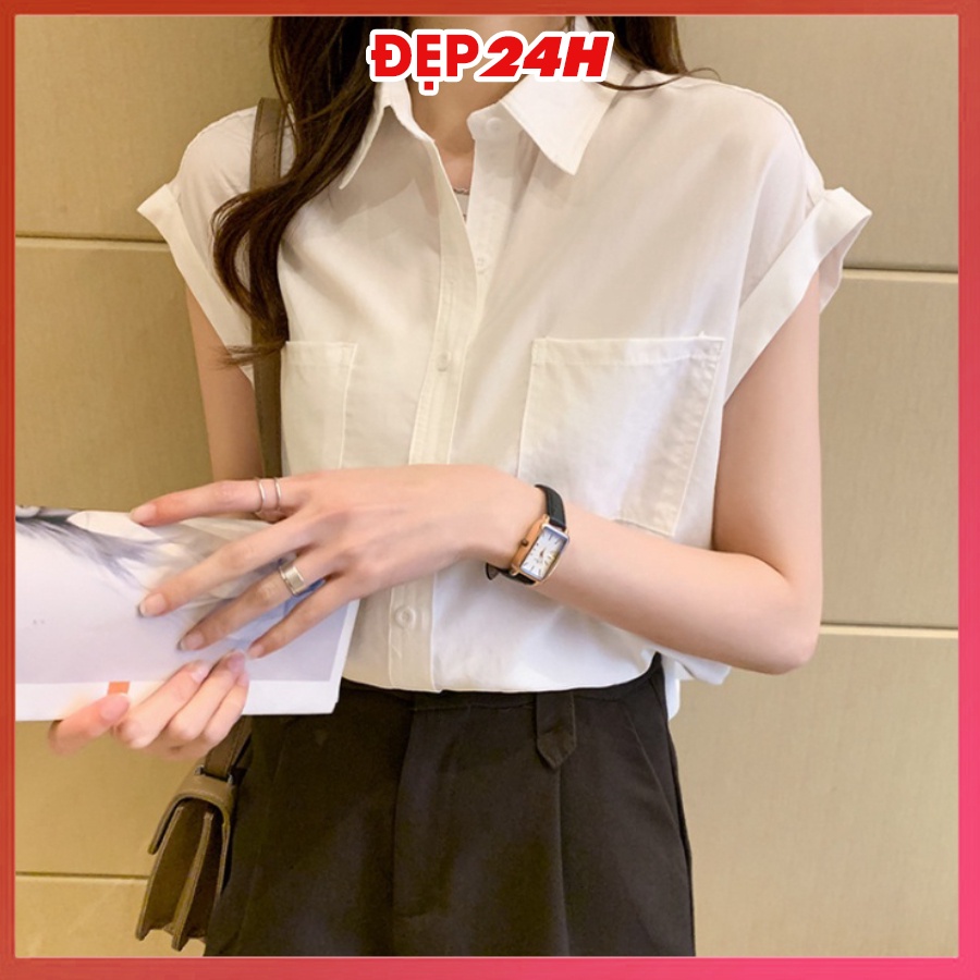 Áo sơ mi nữ tay ngắn phong cách Hàn Quốc, chất liệu Đũi tơ mềm mịn, kiểu dáng trẻ trung, áo kiểu nữ Đẹp 24 giờ (SMH.33)