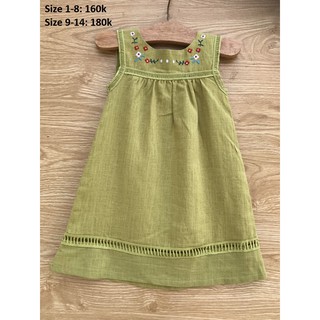 (Size 1-8) Đầm suông Linen thêu hoa bé gái cộc tay (Màu XANH BÃ ĐẬU)