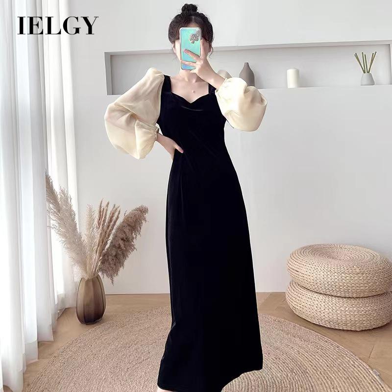 IELGY  Đầm Nhung Đen Dài Tay Phong Cách Pháp Thời Trang Cho Nữ
