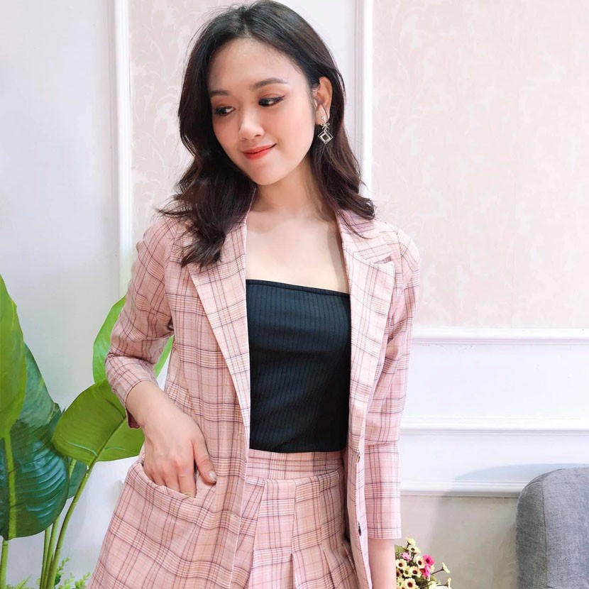Áo Blazer Chân Váy Kẻ Xếp Ly Hai Lớp Hàng thiết kế Hachidesigns | BigBuy360 - bigbuy360.vn