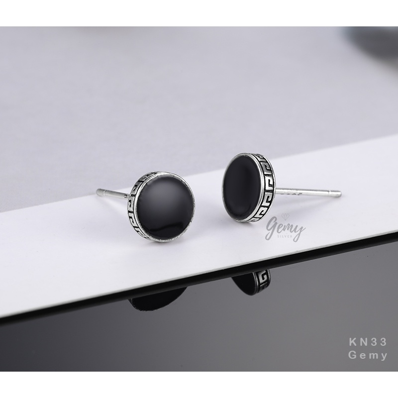 Bông tai, Khuyên tai nam bạc 925 cao cấp Black Knight 2 mặt đá đen đơn giản, cá tính, unisex KN33 (1 chiếc)| GEMY SILVER