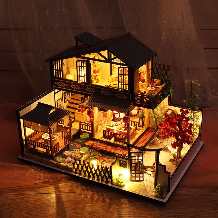 Mô hình nhà DIY Doll House Japanese Forest Valley Kèm Mica Chống bụi, Bộ dụng cụ, Keo dán và Bộ phát nhạc